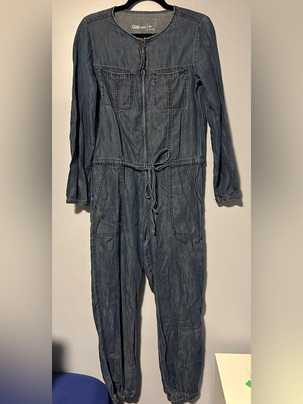 GAP Dark Blue Denim Utility Jumpsuit with Zipper And Waist Tie Medium